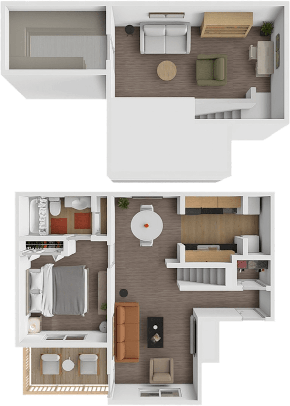 A top-down view of a two-story apartment layout.