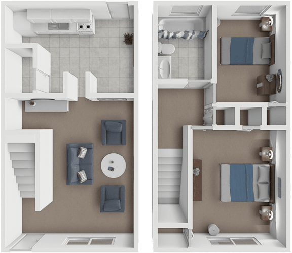 A diagram of a small apartment with a kitchen, living room, and bathroom.