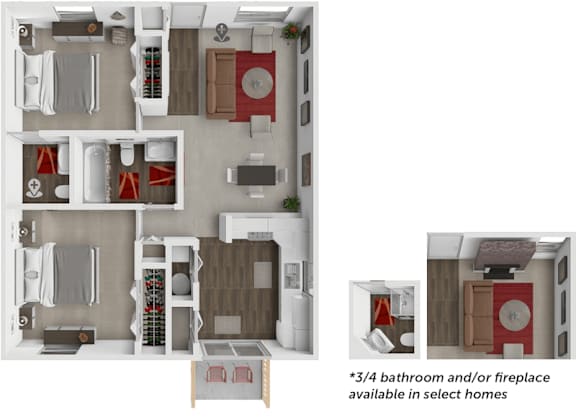2 bed 1 and a half bath with bathroom and fireplace variations