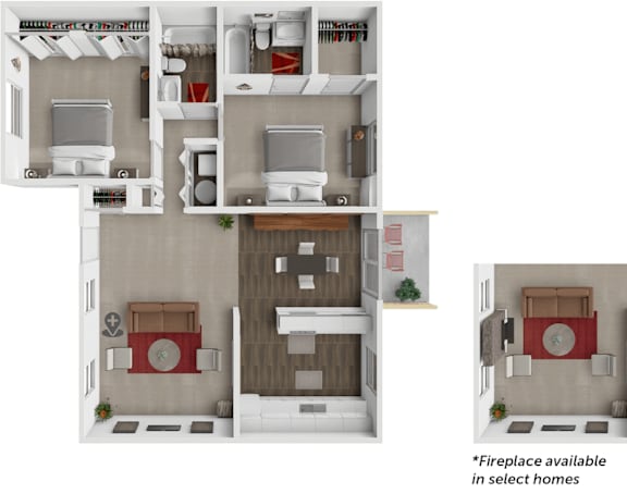 Floor Plan  2 bed 2 bath floor plan with fireplace in select homes