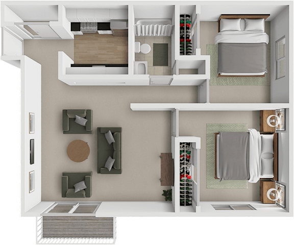A 3D floor plan of a small apartment with a bedroom, living room, and kitchen.