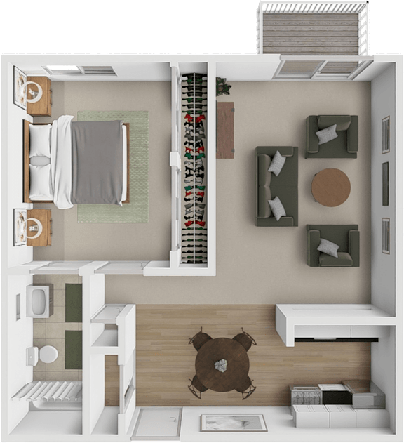 A top-down view of a small, neatly organized apartment with a bed, a couch, a chair, and a small kitchen area.