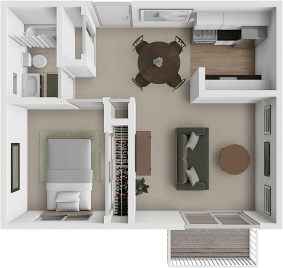 A 3D rendered image of a modern apartment layout.