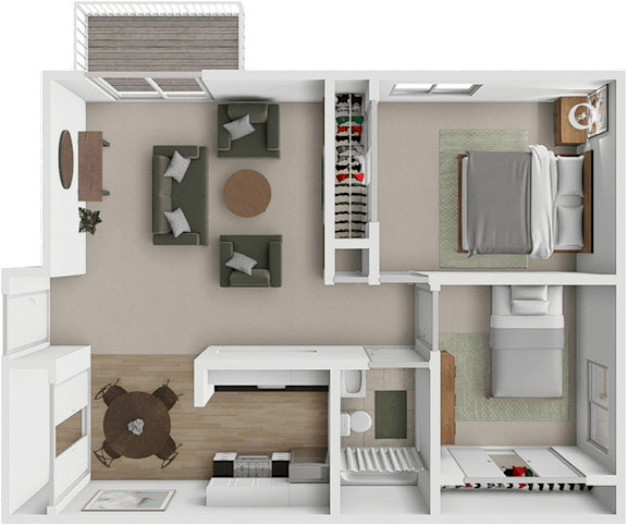 A 3D floor plan of a small apartment with a kitchen, living room, and bathroom.