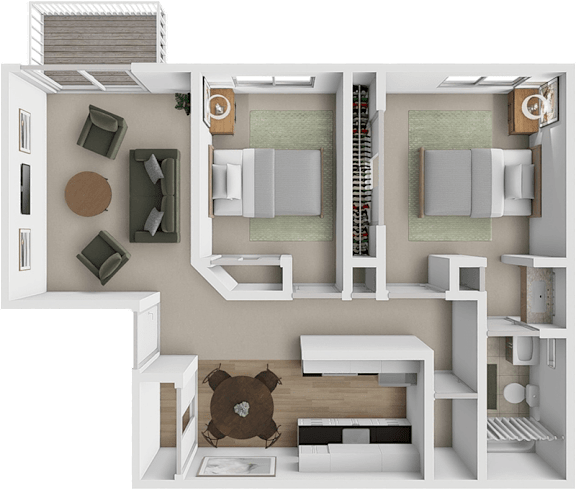 A 3D rendered image of a small apartment layout.