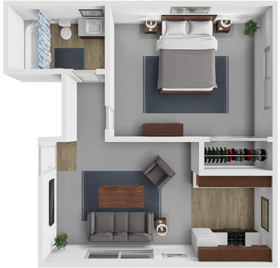 A 3D rendered image of a modern bedroom with a bed, a couch, a TV, and a shelf with a plant.