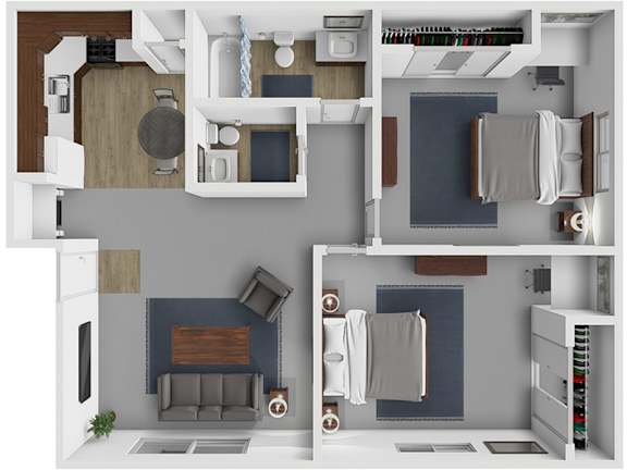 A 3D floor plan of a small apartment with a kitchen, living room, and bedroom.