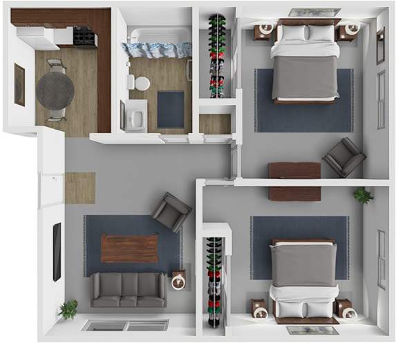 A diagram of a small apartment with a kitchen, living room, and bathroom.