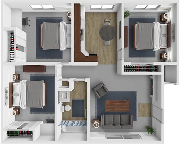 A 3D floor plan of a small apartment with a kitchen, living room, and bathroom.