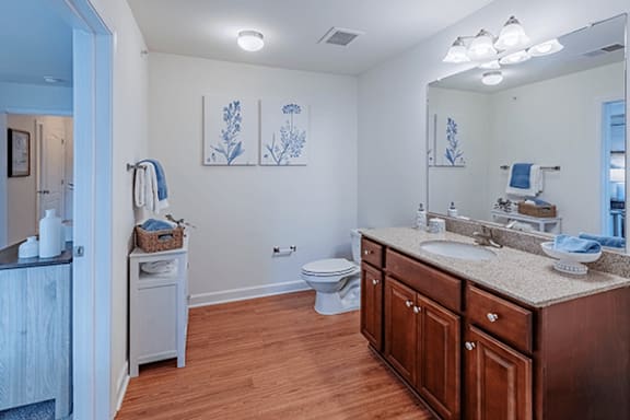 A bathroom with a toilet, sink, and mirror.
