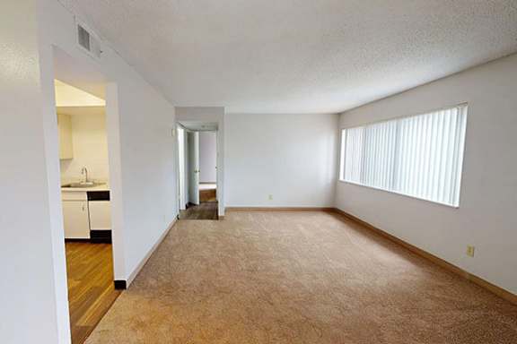A room with a carpeted floor and a window with blinds.
