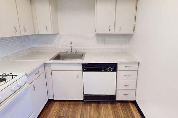 A white kitchen with a black dishwasher and a white stove.