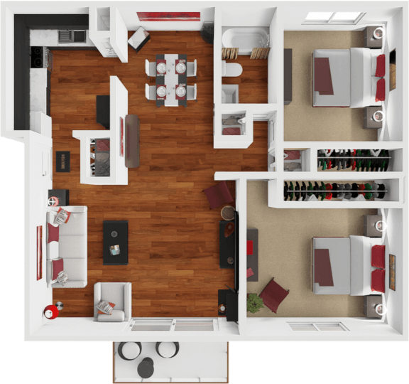 2 bed 1 bath floor plan at preserve at woodland apartments