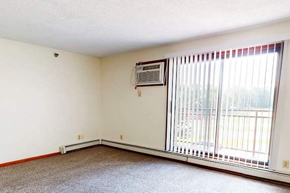A room with a window and a carpet on the floor.
