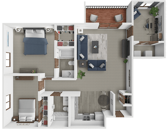 A 3D rendered image of a small apartment layout.