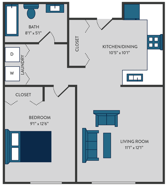 Floor Plan  1 bedroom floor plan with in-unit Washer and Dryer