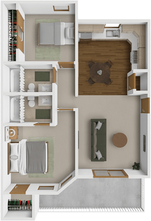 A floor plan of a small apartment with a kitchen, living room, and bathroom.