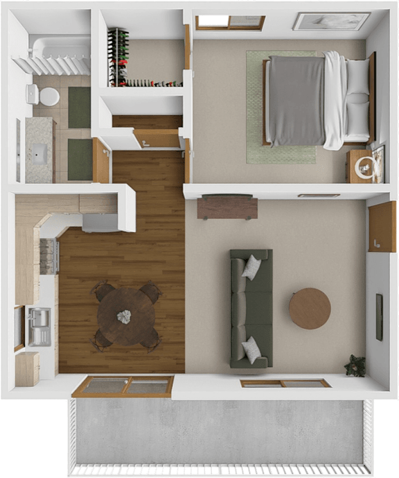 A 3D floor plan of a small apartment with a living room, kitchen, and bathroom.