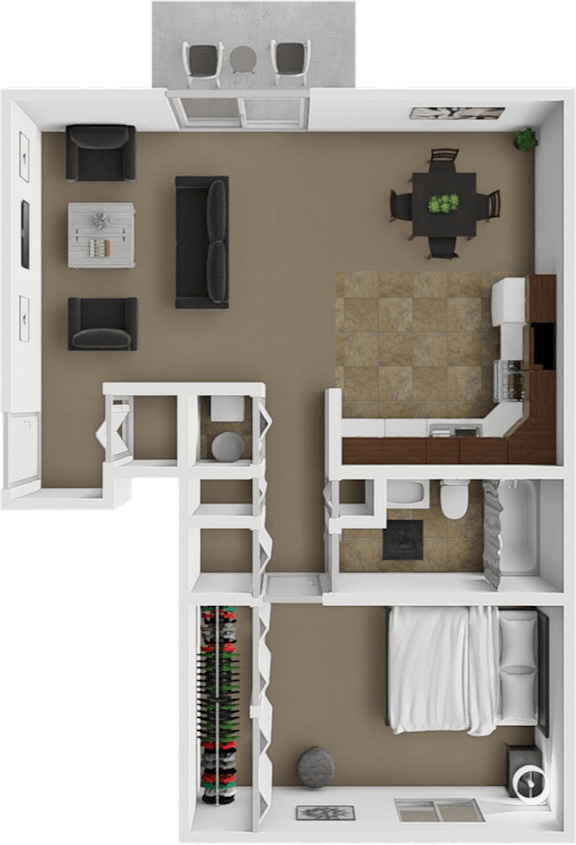 A 3D floor plan of a small apartment with a kitchen, living room, and bathroom.
