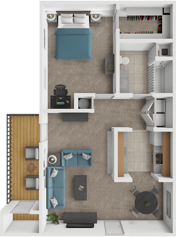 A 3D floor plan of a small apartment with a kitchen, living room, and bathroom.