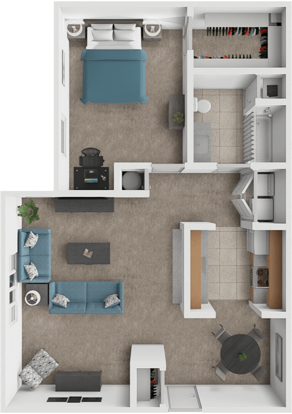 A floor plan of a small apartment with a bedroom, living room, and kitchen.