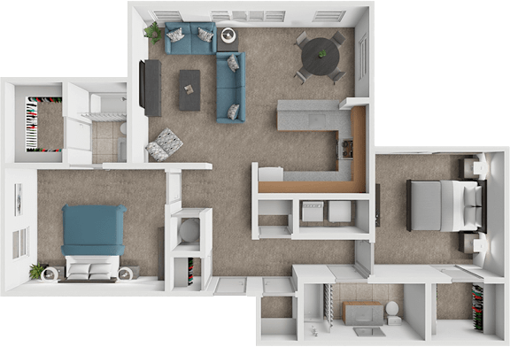 A top-down view of a small apartment layout with a living room, kitchen, and bedroom.