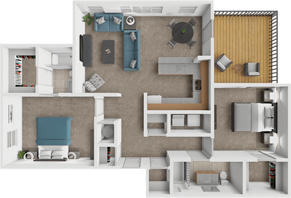 A top-down view of a modern apartment layout with a living room, kitchen, and bedroom.