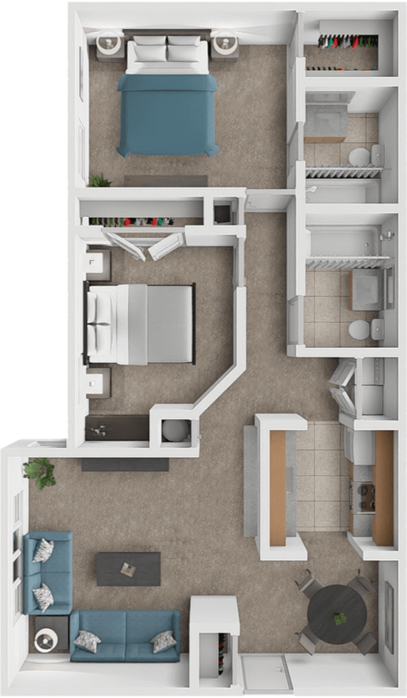 A top-down view of a small apartment layout with a bedroom, living room, kitchen, and bathroom.