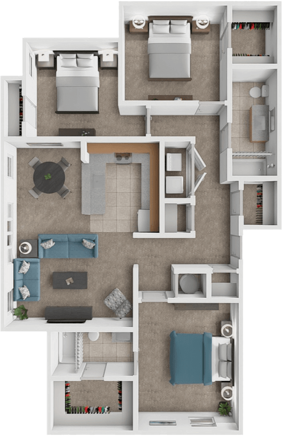 A top-down view of a house layout with a kitchen, living room, and bedrooms.