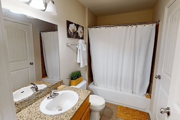 A bathroom with a toilet, sink, and shower.