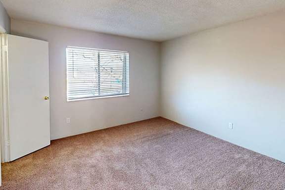 A room with a carpeted floor and a window with blinds.