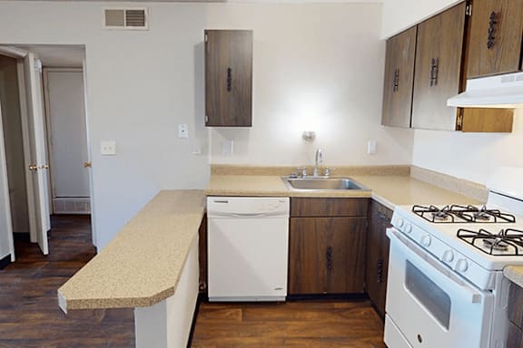 A kitchen with a white stove and a white dishwasher.