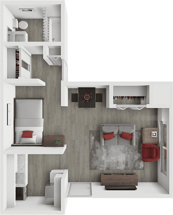 A 3D rendered image of a modern apartment layout.