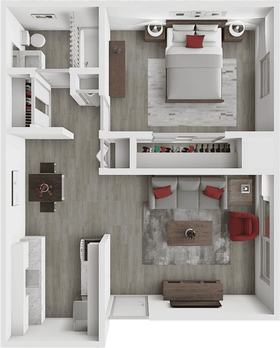 A modern apartment with a bedroom, living room, and kitchen.