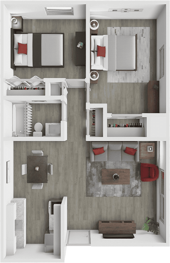 A 3D rendered image of a small apartment layout.