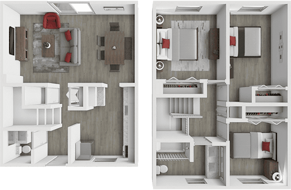 A set of two images showing a top and side view of a kitchen layout.