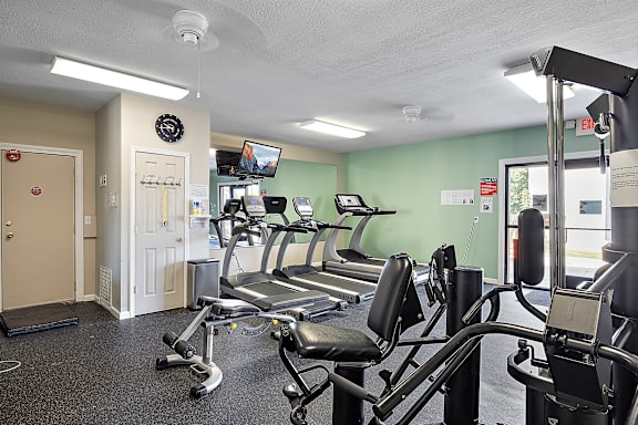 A gym with treadmills and exercise equipment.