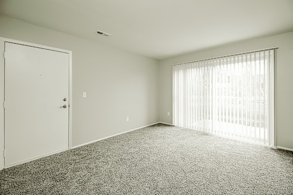 A room with a carpeted floor, a door, and a window with blinds.