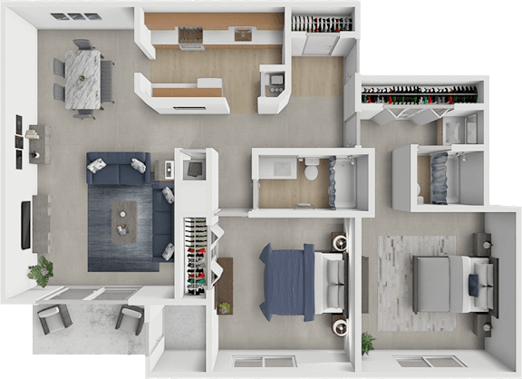 A 3D floor plan of a house showing a kitchen, living room, and bathrooms.