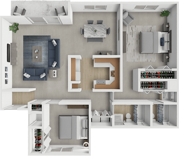 A 3D floor plan of a house with a kitchen, living room, and bathroom.