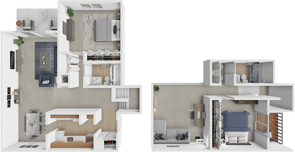 A 3D floor plan of a house with two bedrooms, a living room, a kitchen, and a bathroom.