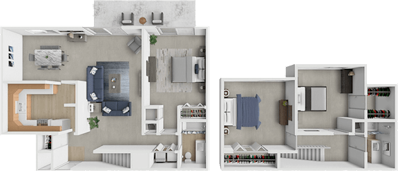 A 3D floor plan of a two-bedroom apartment with a living room, kitchen, and bathroom.