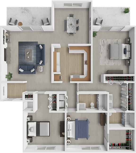 A detailed 3D floor plan of a house showing all rooms and their layouts.