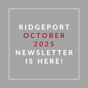 A grey square with red and white text announcing the Ridgeport October 2025 newsletter.