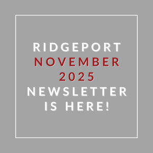 A grey square with red and white text announcing the Ridgeport November 2025 newsletter.