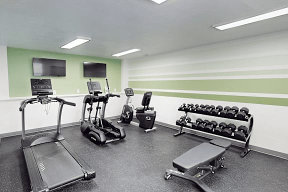 A gym with a treadmill, elliptical trainer, and weights.