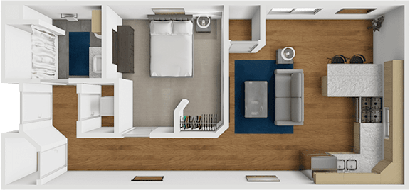 A 3D rendered image of a kitchen interior.