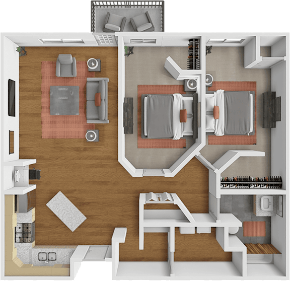 A 3D rendered image of a house layout with two bedrooms, a living room, a kitchen, and a bathroom.