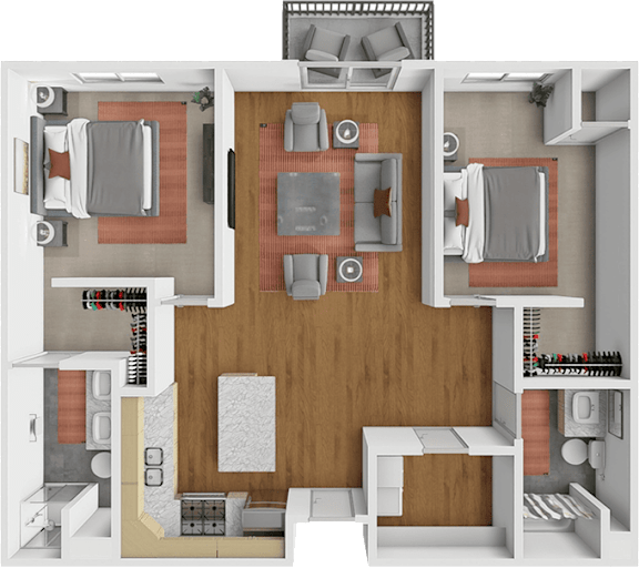 A 3D floor plan of a house layout.