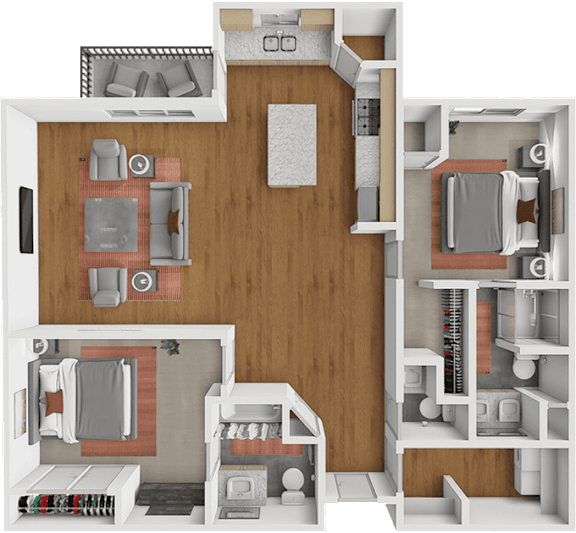 A 3D rendered image of a small apartment layout.